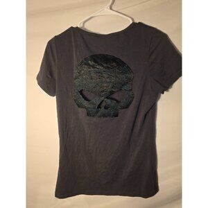 Harley Davidson Womens Tshirt Shirt Large L Black Vneck Skull Cut out Design